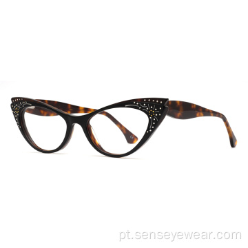 Mulheres luxuosas diamante gato olho acetato óptico óculos